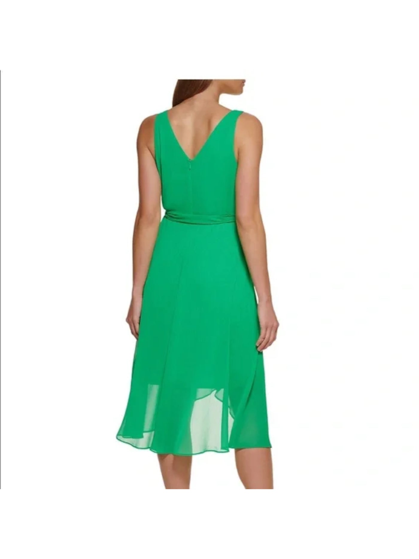 DKNY Womens Green Sheer Zippered Self Tie Waist Lined Hi-lo Hem Sleeveless Surplice Neckline Midi Party Faux Wrap Dress 2