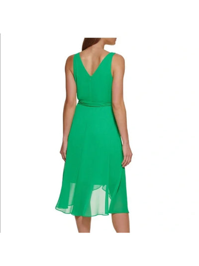 DKNY Womens Green Sheer Zippered Self Tie Waist Lined Hi-lo Hem Sleeveless Surplice Neckline Midi Party Faux Wrap Dress 12