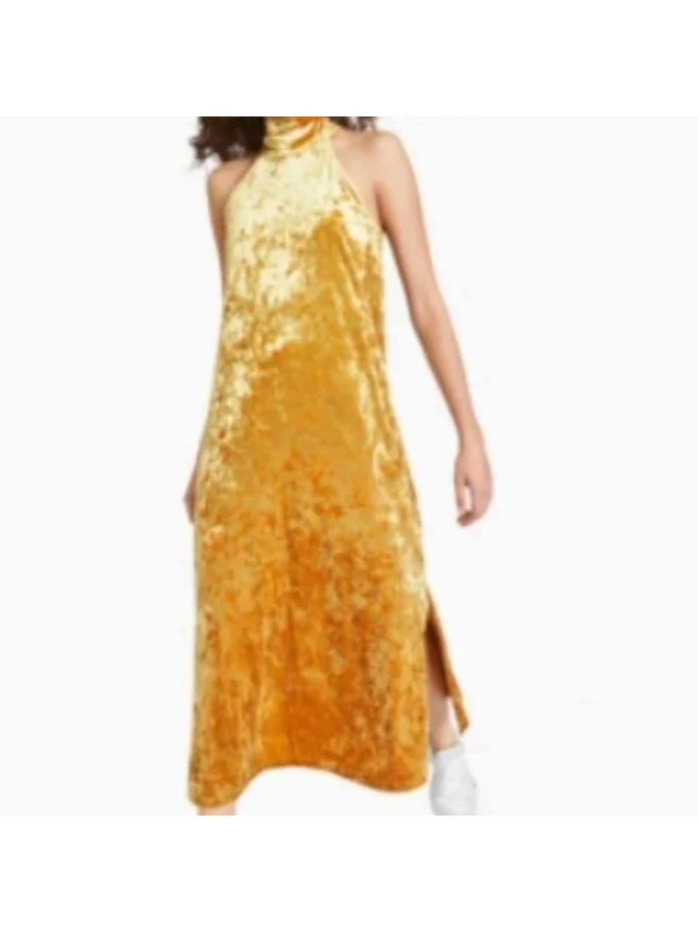 BAR III Womens Gold Stretch Slitted Zippered Tie Neck Crushed Velvet Sleeveless Halter Maxi Party Sheath Dress S