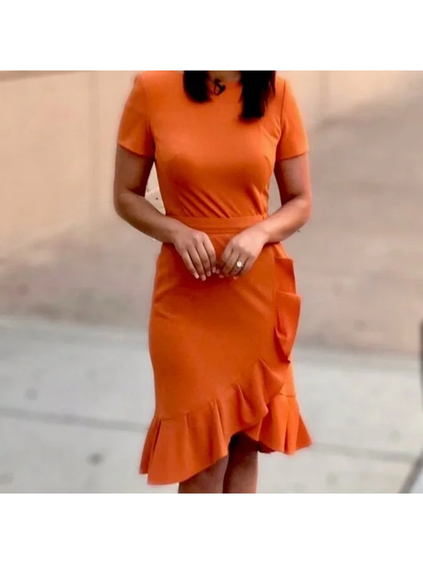 CALVIN KLEIN Womens Orange Stretch Zippered Belted Ruffled Crepe Lined Short Sleeve Round Neck Above The Knee Tulip Dress 2