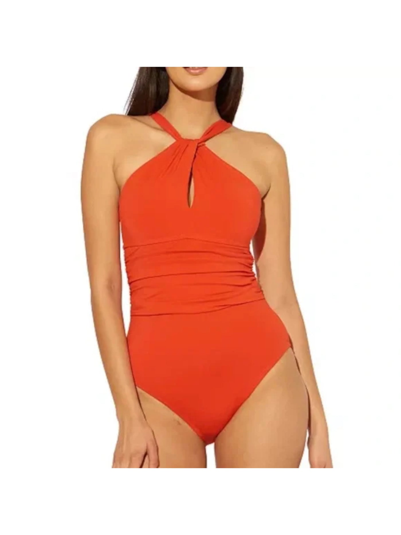 BLEU Women's Orange Stretch Keyhole Removable Cups Lined Shirred Adjustable High Neck One Piece Swimsuit 4