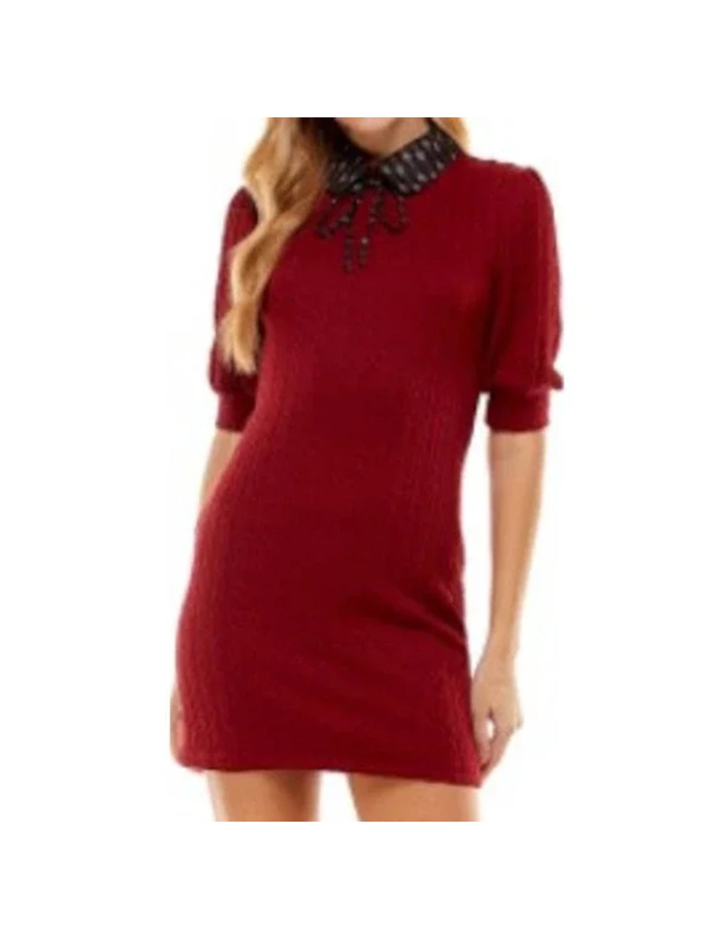 KINGSTON GREY Womens Red Stretch Tie Contrast Collar Elbow Sleeve Short Sweater Dress Juniors XXL