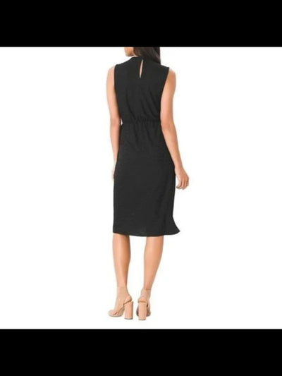 LEOTA Womens Stretch Textured Tie Faux Wrap Skirt Sleeveless Jewel Neck Below The Knee Sheath Dress
