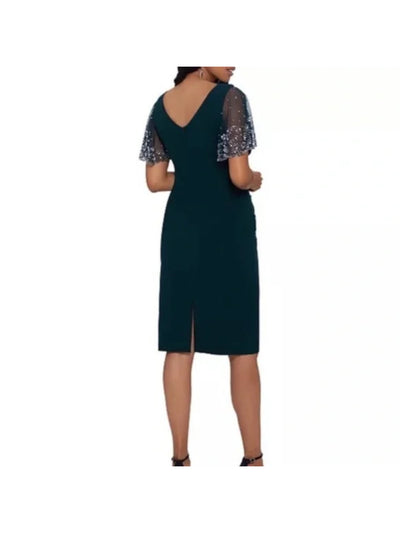 BETSY & ADAM Womens Green Stretch Zippered Embellished Mesh Flutter Sleeve Boat Neck Knee Length Evening Sheath Dress 8