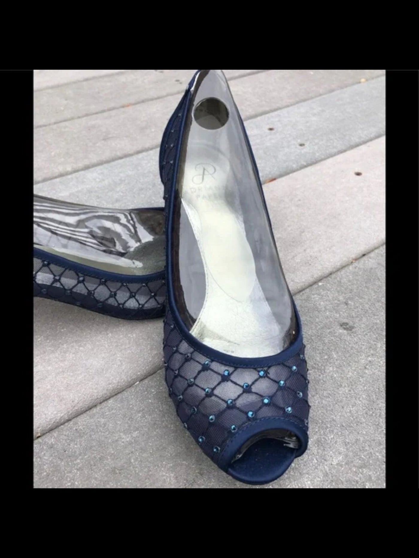 ADRIANNA PAPELL Womens Navy Rhinestone Padded Jamie Peep Toe Kitten Heel Slip On Leather Dress Pumps Shoes 8.5 W