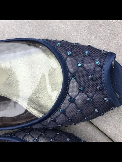 ADRIANNA PAPELL Womens Navy Rhinestone Padded Jamie Peep Toe Kitten Heel Slip On Leather Dress Pumps Shoes 8.5 W