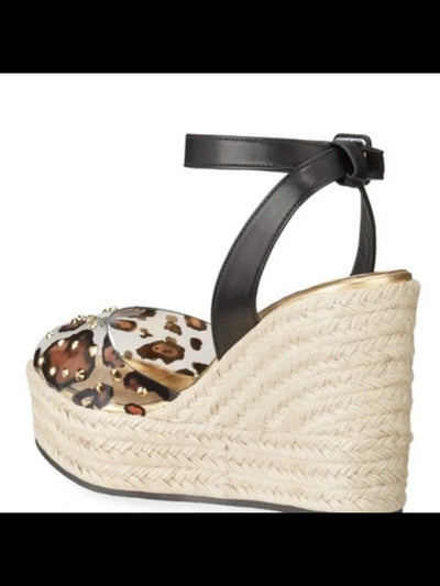 GIUSEPPE ZANOTTI Womens Beige Leopard Print 1-1/2" Platform Ankle Strap Rhinestone Round Toe Wedge Buckle Leather Espadrille Shoes 37