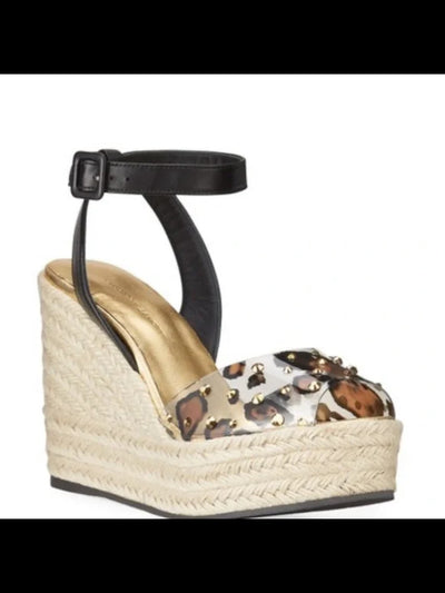 GIUSEPPE ZANOTTI Womens Beige Leopard Print 1-1/2" Platform Ankle Strap Rhinestone Round Toe Wedge Buckle Leather Espadrille Shoes 37