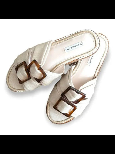 TAHARI Womens Beige Jute Trim Buckle Accent Padded Caly Round Toe Block Heel Slip On Slide Sandals Shoes 5 M