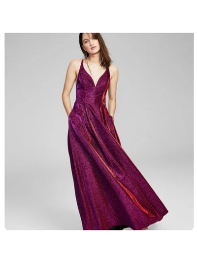 CITY STUDIO Womens Purple Glitter Spaghetti Strap V Neck Maxi Fit + Flare Prom Dress 3