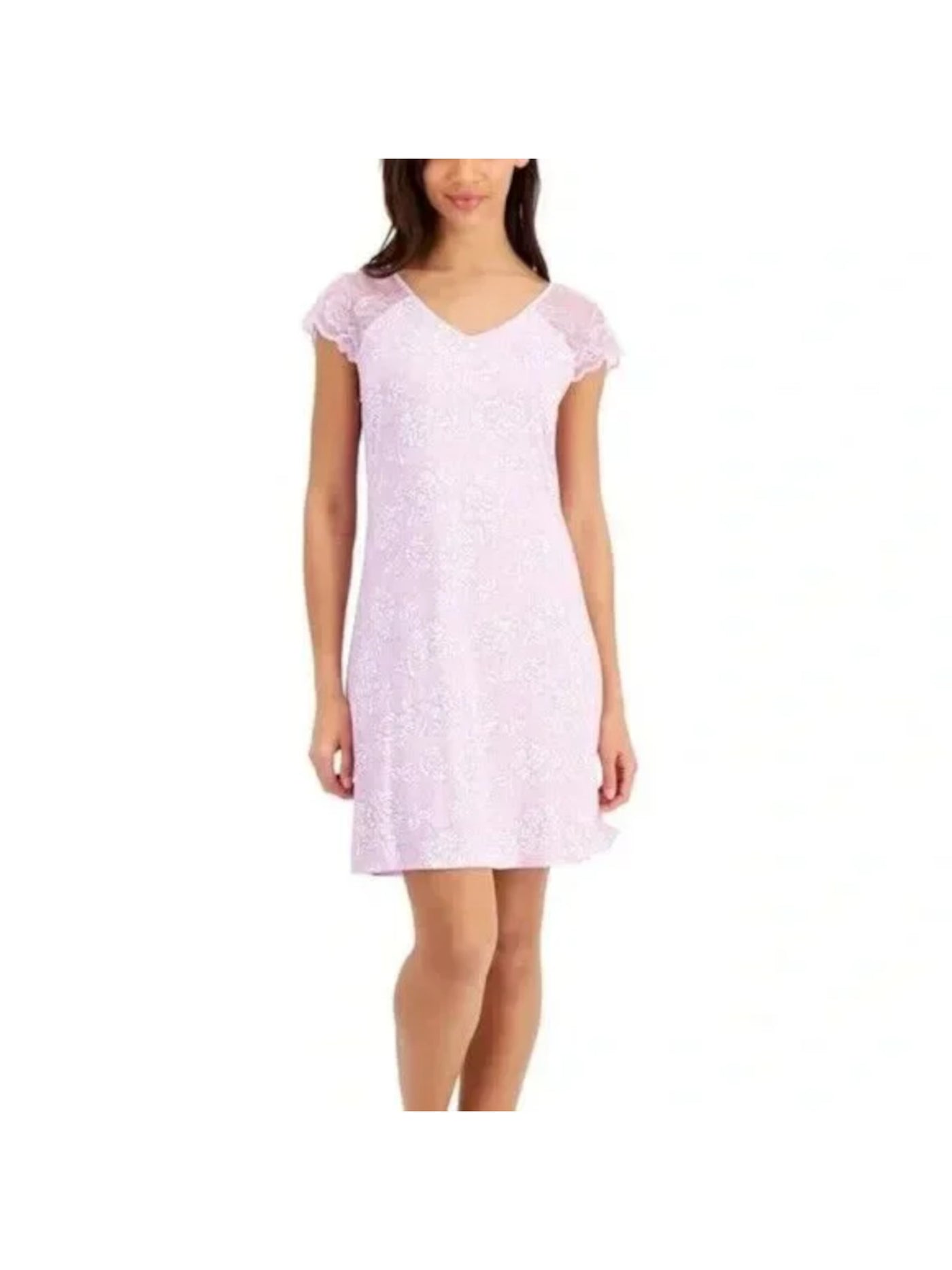 CHARTER CLUB Intimates Purple Knit Lace Short Sleeves Chemise Hits Above Knee Floral Nightgown XS