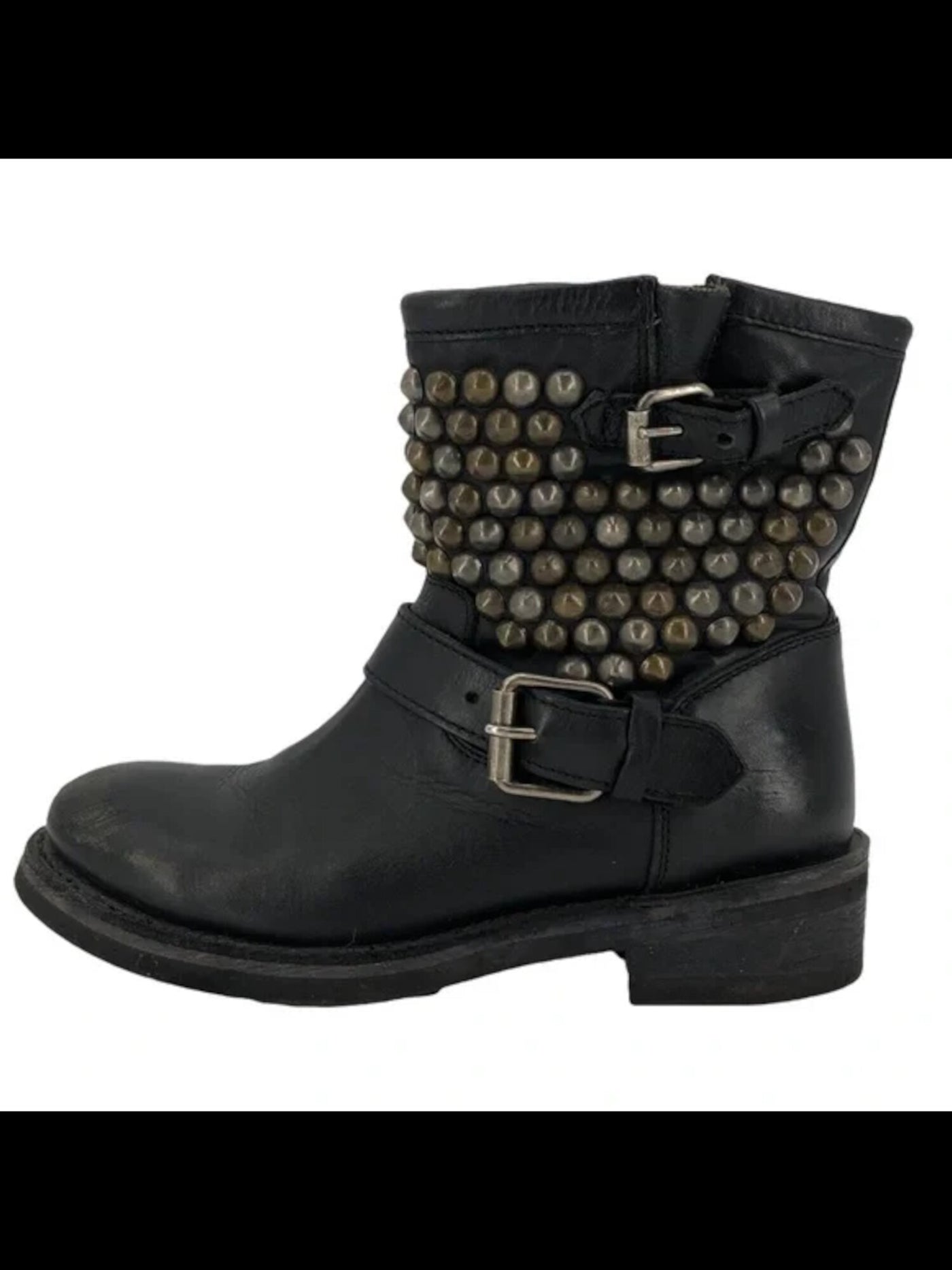 ASH Womens Black 1" Platform Studded Buckle Accent Tamara Round Toe Block Heel Buckle Leather Booties 37.5
