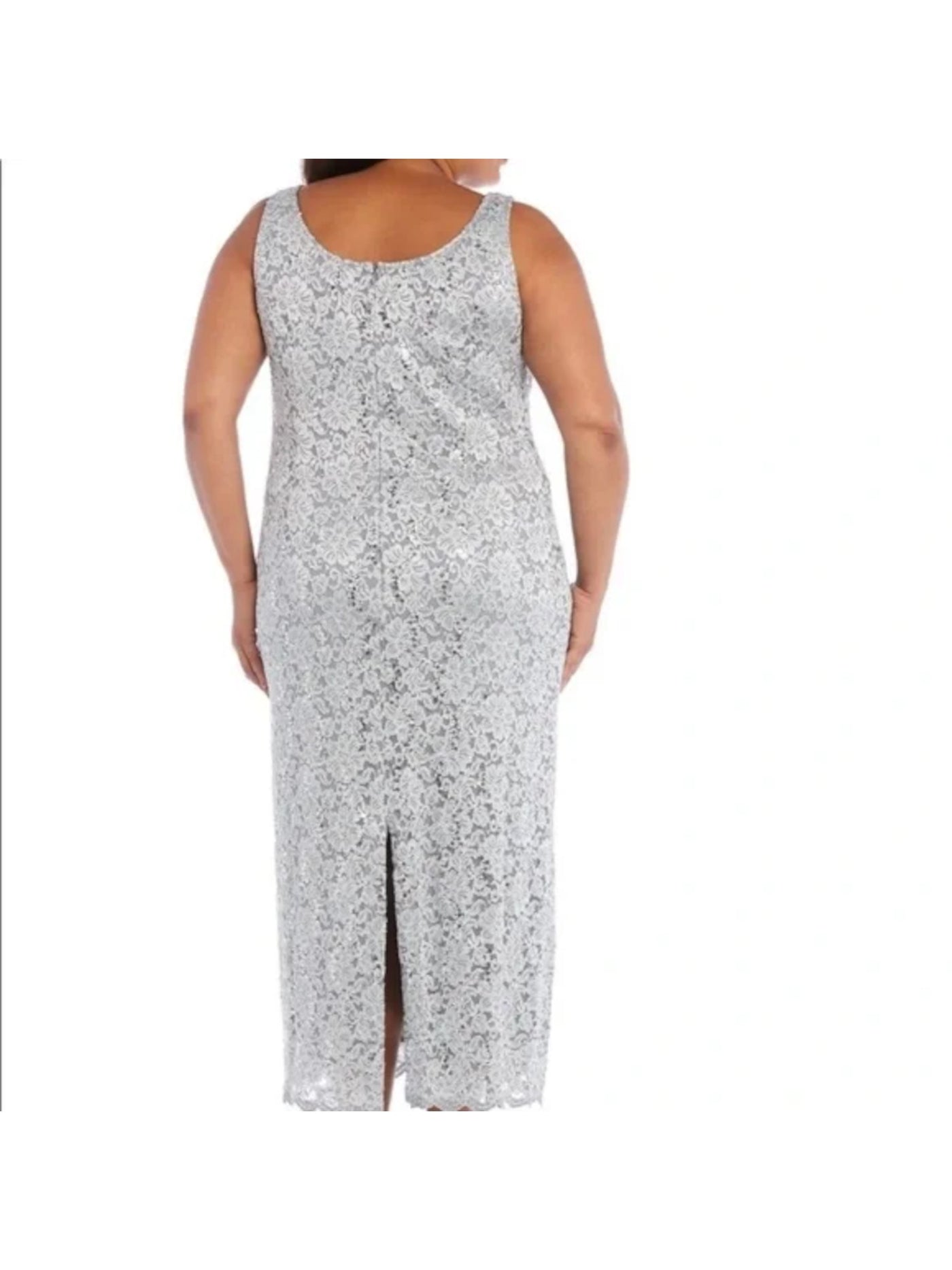 R&M RICHARDS Womens Silver Sequined Zippered Lace Lined Scalloped Sleeveless Scoop Neck Maxi Evening Sheath Dress Plus 18W