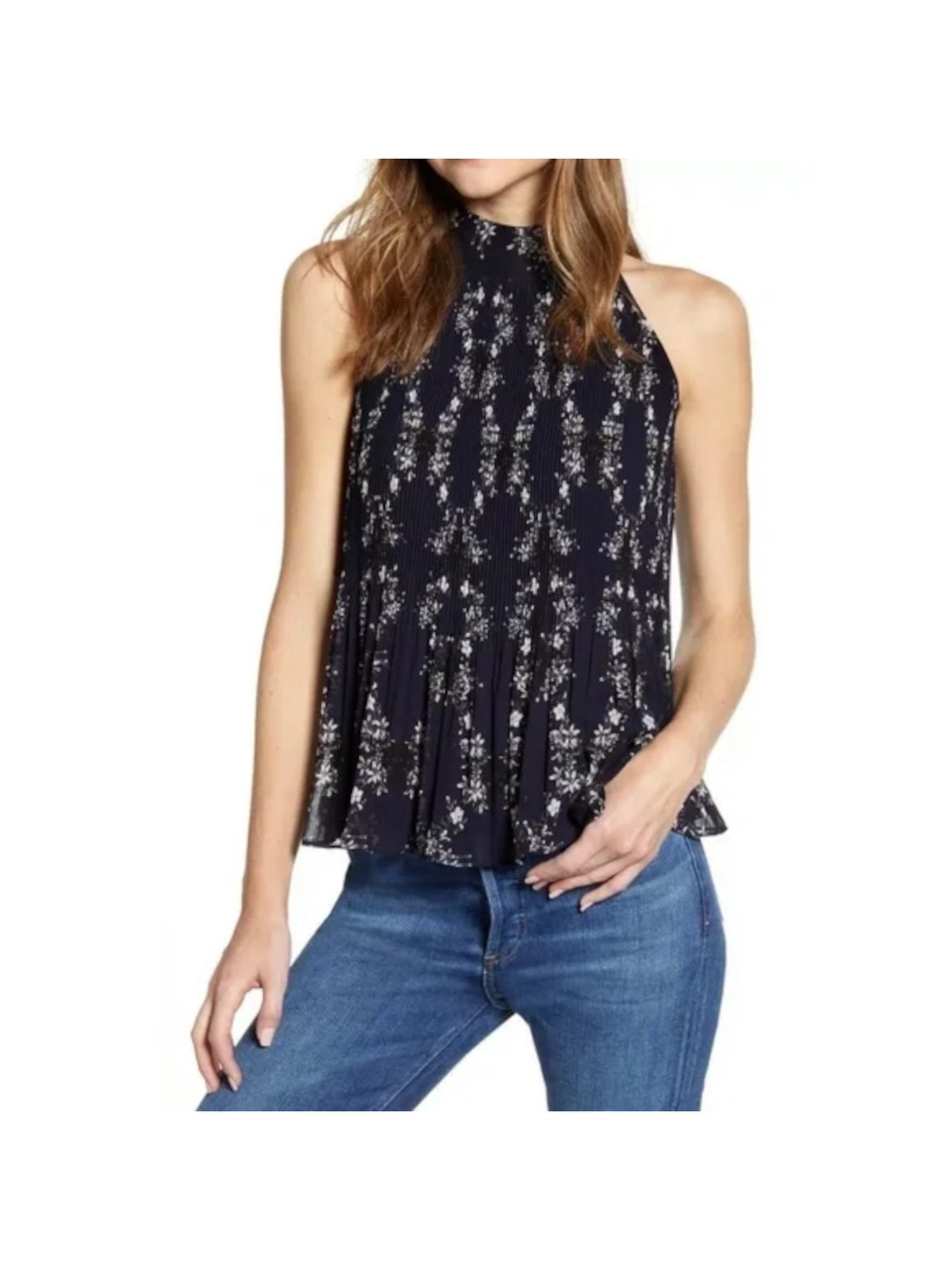 1. STATE Womens Navy Pleated Tie Flutter Hem Lined Sheer Floral Sleeveless Halter Tank Top M
