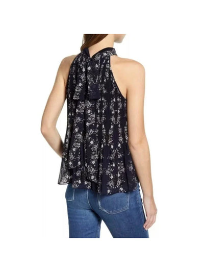 1. STATE Womens Navy Pleated Tie Flutter Hem Lined Sheer Floral Sleeveless Halter Tank Top M