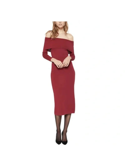 BARDOT Womens Red Stretch Long Sleeve Off Shoulder Midi Party Sweater Dress XS