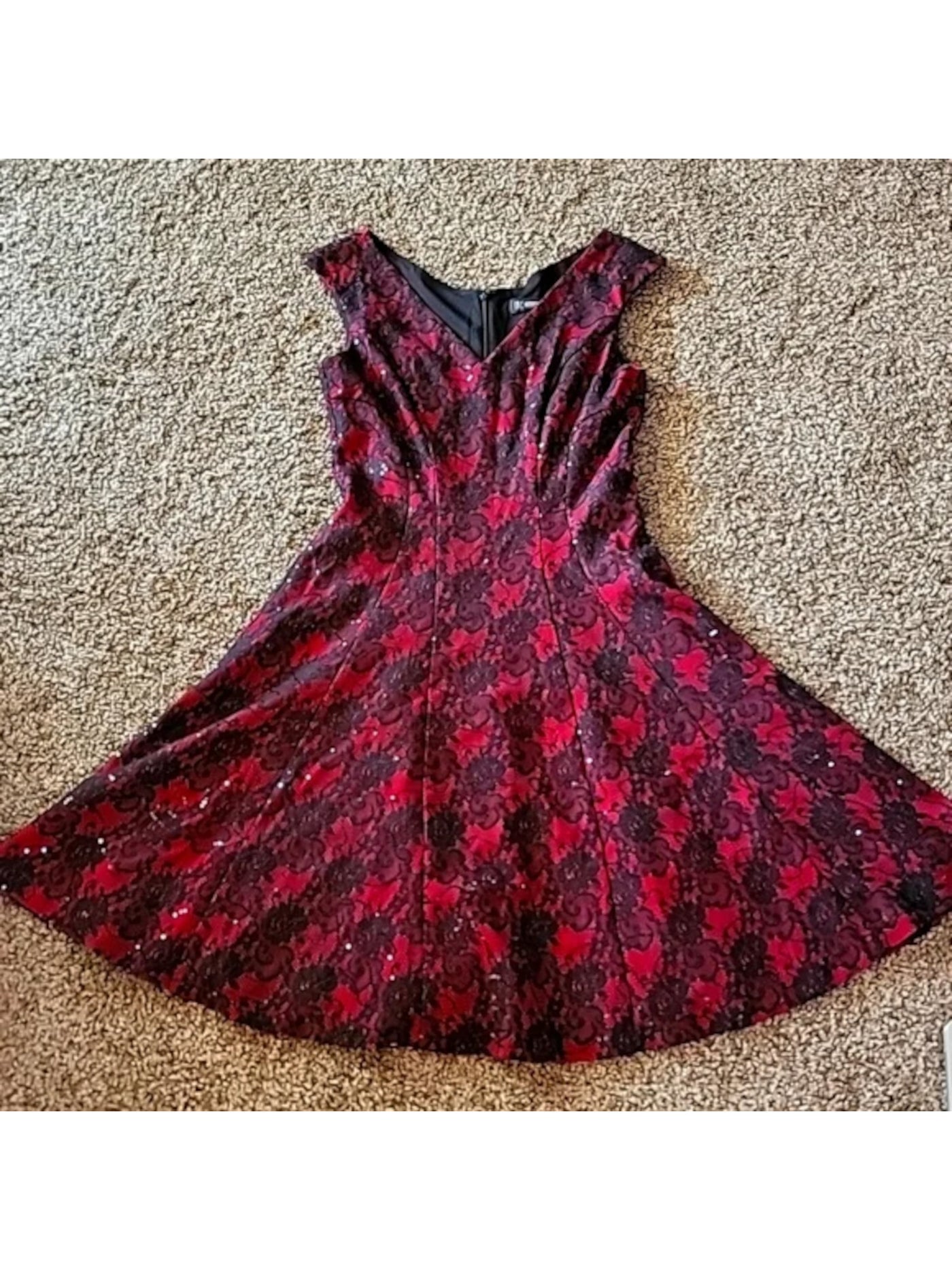 INC Womens Red Sequined Zippered Lined Floral Sleeveless V Neck Above The Knee Cocktail Fit + Flare Dress 8
