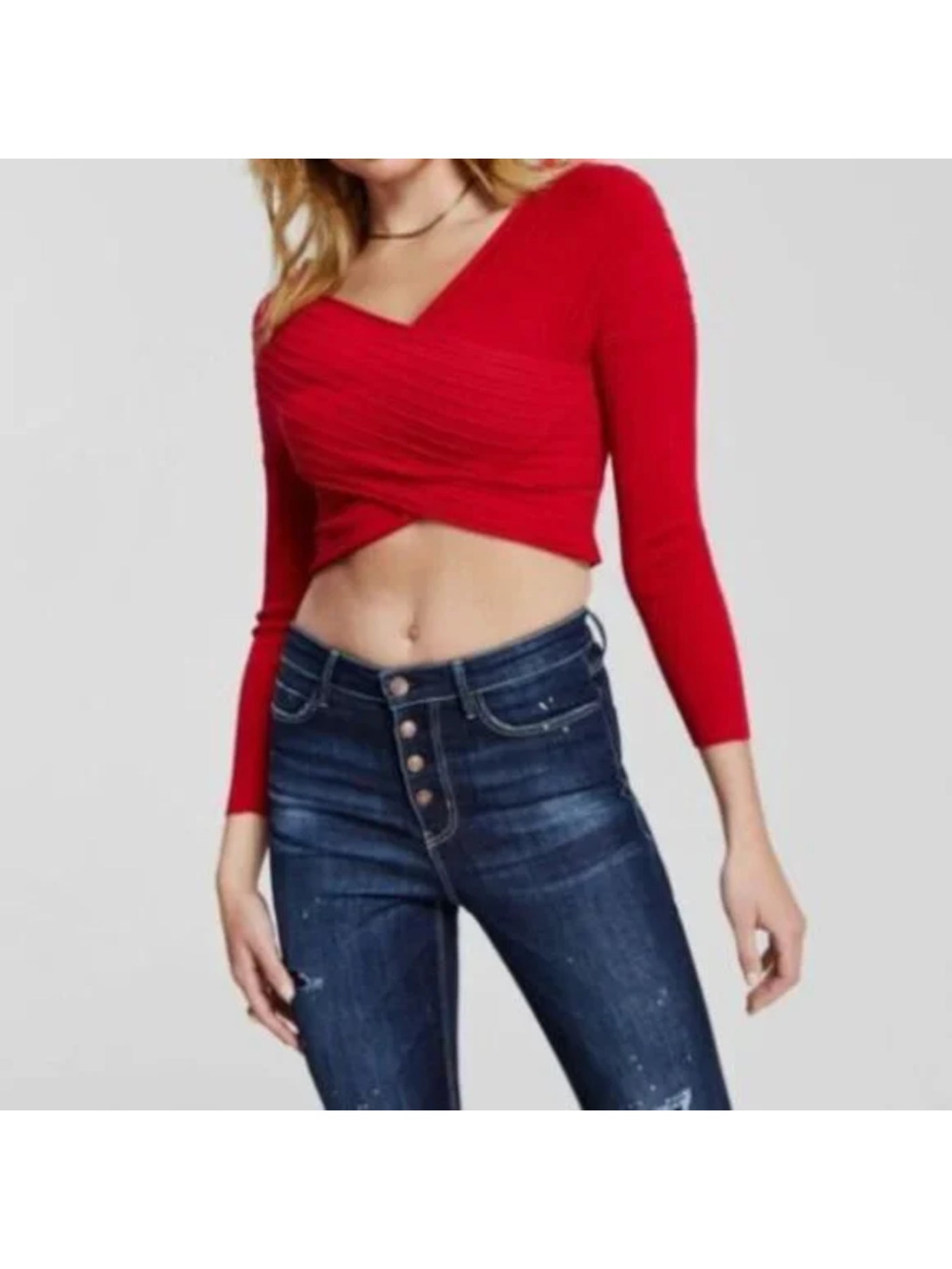 GUESS Womens Red Ribbed Crisscross Front Long Sleeve Off Shoulder Evening Crop Top Sweater XL