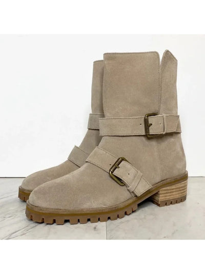 SPLENDID Womens Beige Padded Adjustable Strap Lug Sole Karlyn Round Toe Block Heel Buckle Leather Boots Shoes 8.5 M