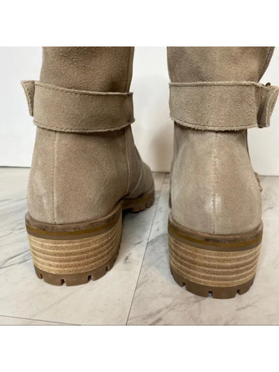 SPLENDID Womens Beige Padded Adjustable Strap Lug Sole Karlyn Round Toe Block Heel Buckle Leather Boots Shoes 8.5 M