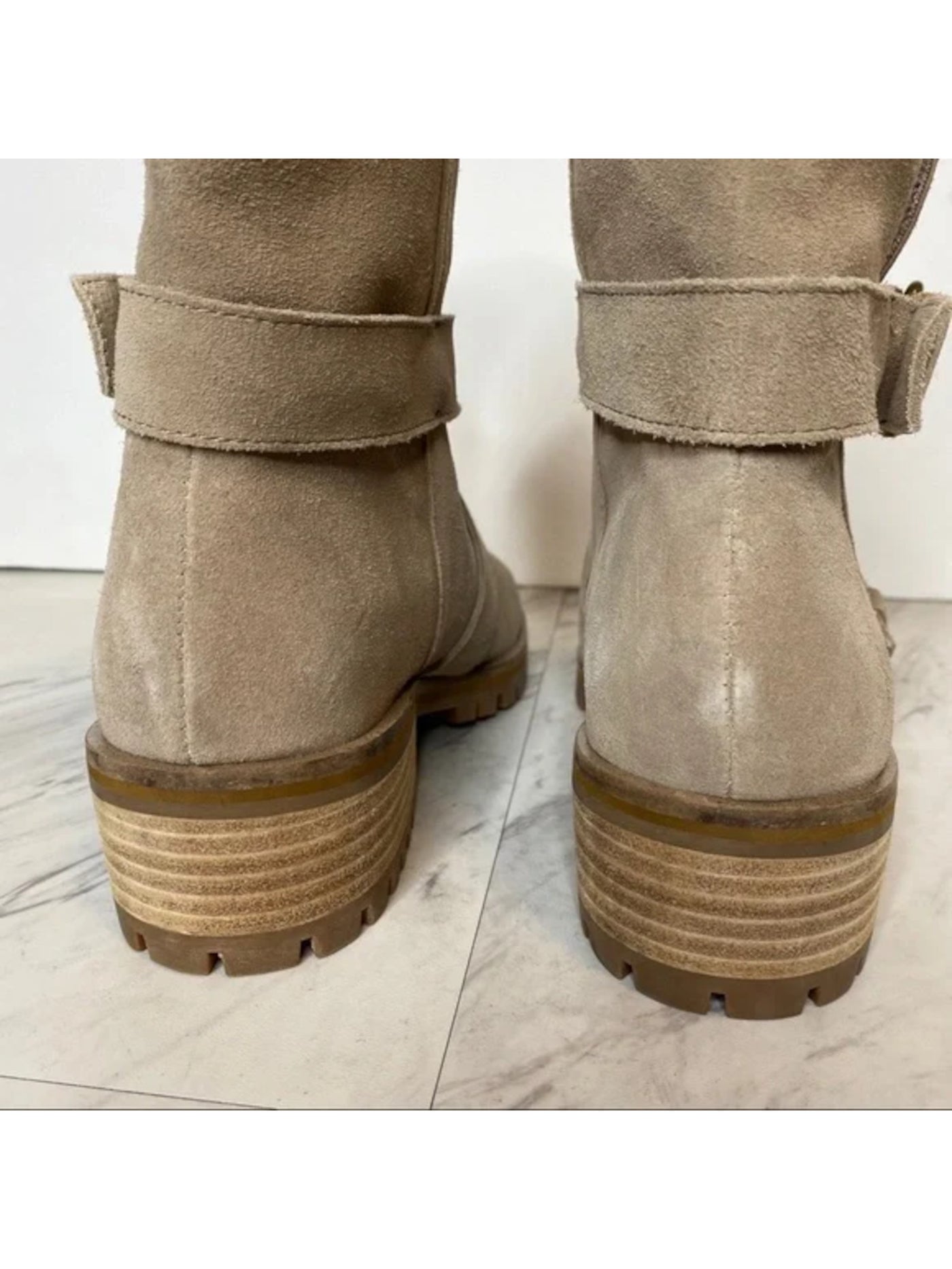 SPLENDID Womens Beige Padded Adjustable Strap Lug Sole Karlyn Round Toe Block Heel Buckle Leather Boots 6