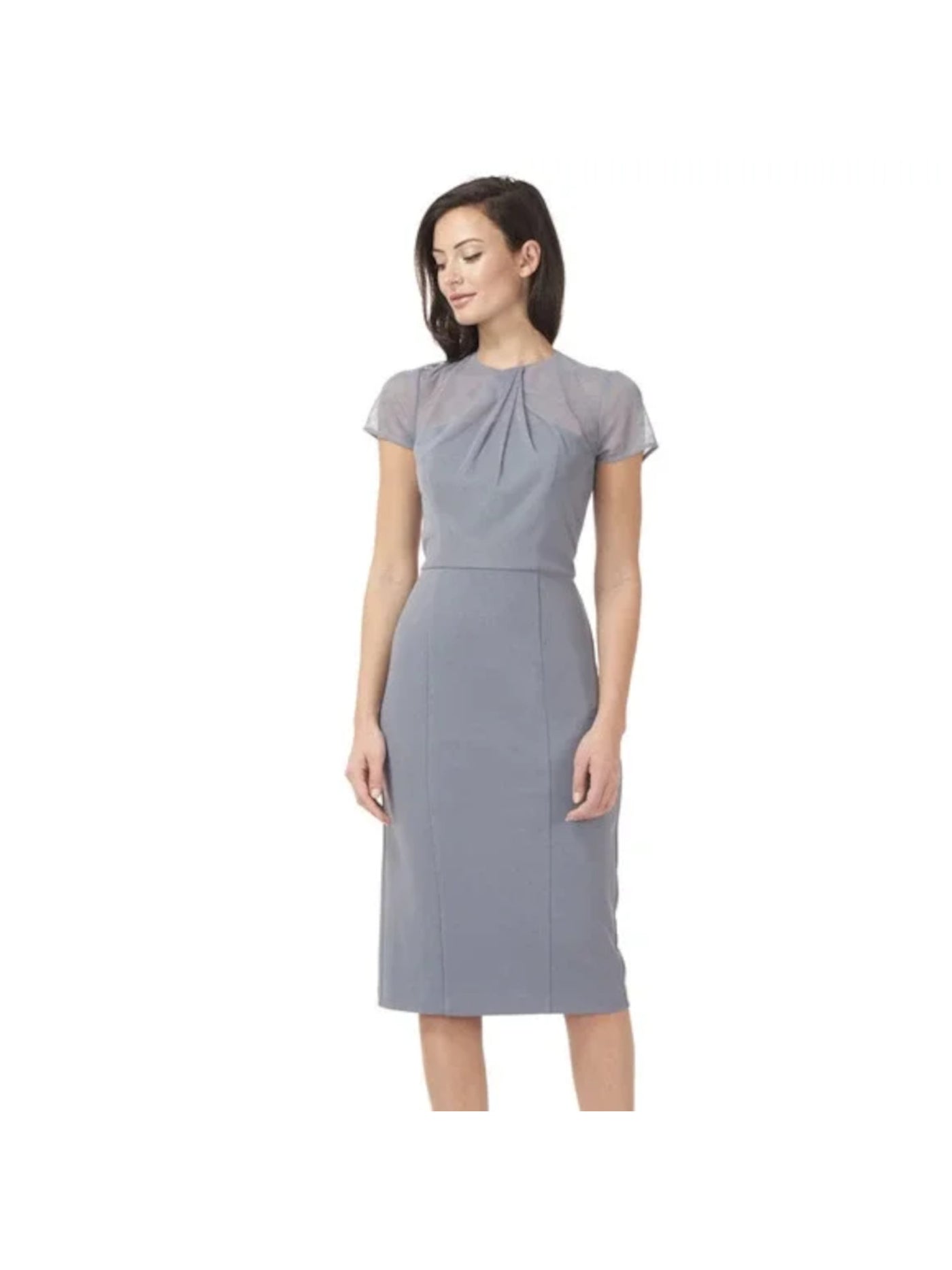 JS COLLECTION Womens Light Blue Stretch Pleated Zippered Lined Short Sleeve Illusion Neckline Knee Length Party Sheath Dress 6