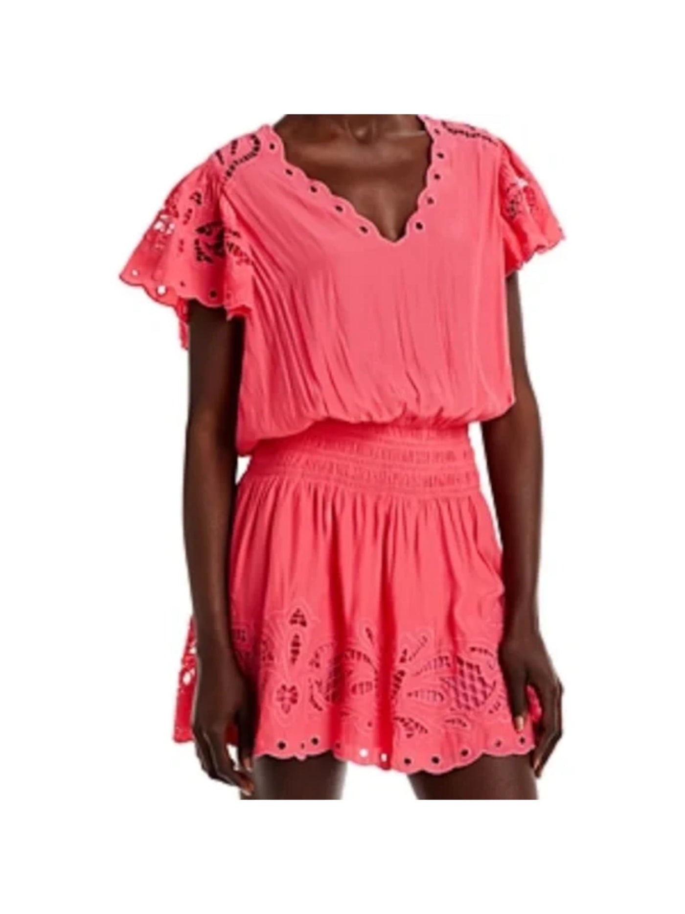RAMY BROOK Womens Pink Eyelet Smocked Pullover Lined Short Sleeve V Neck Mini Fit + Flare Dress 8