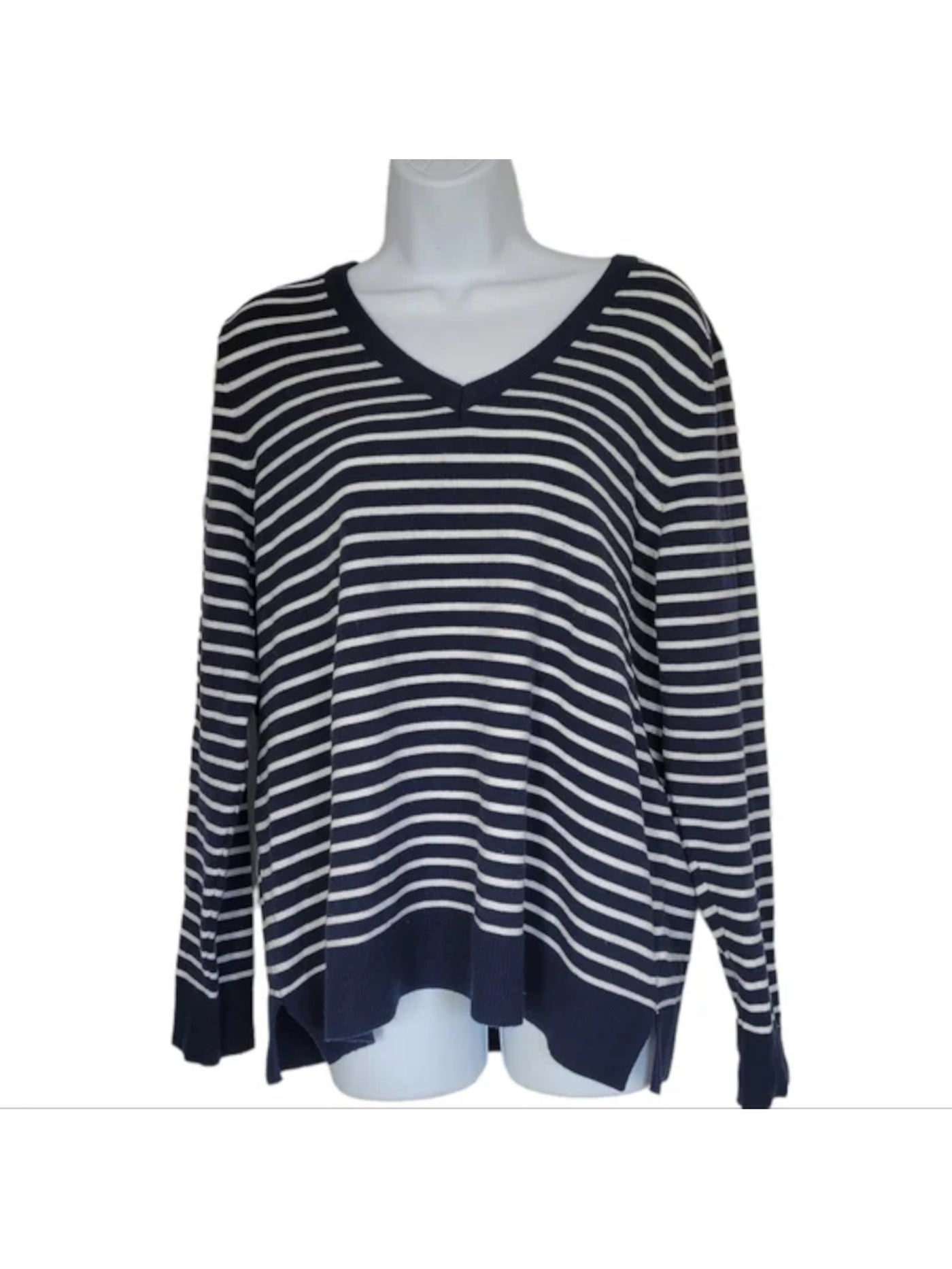 STYLE & COMPANY Womens Navy Knit Ribbed Striped Long Sleeve V Neck Sweater XL