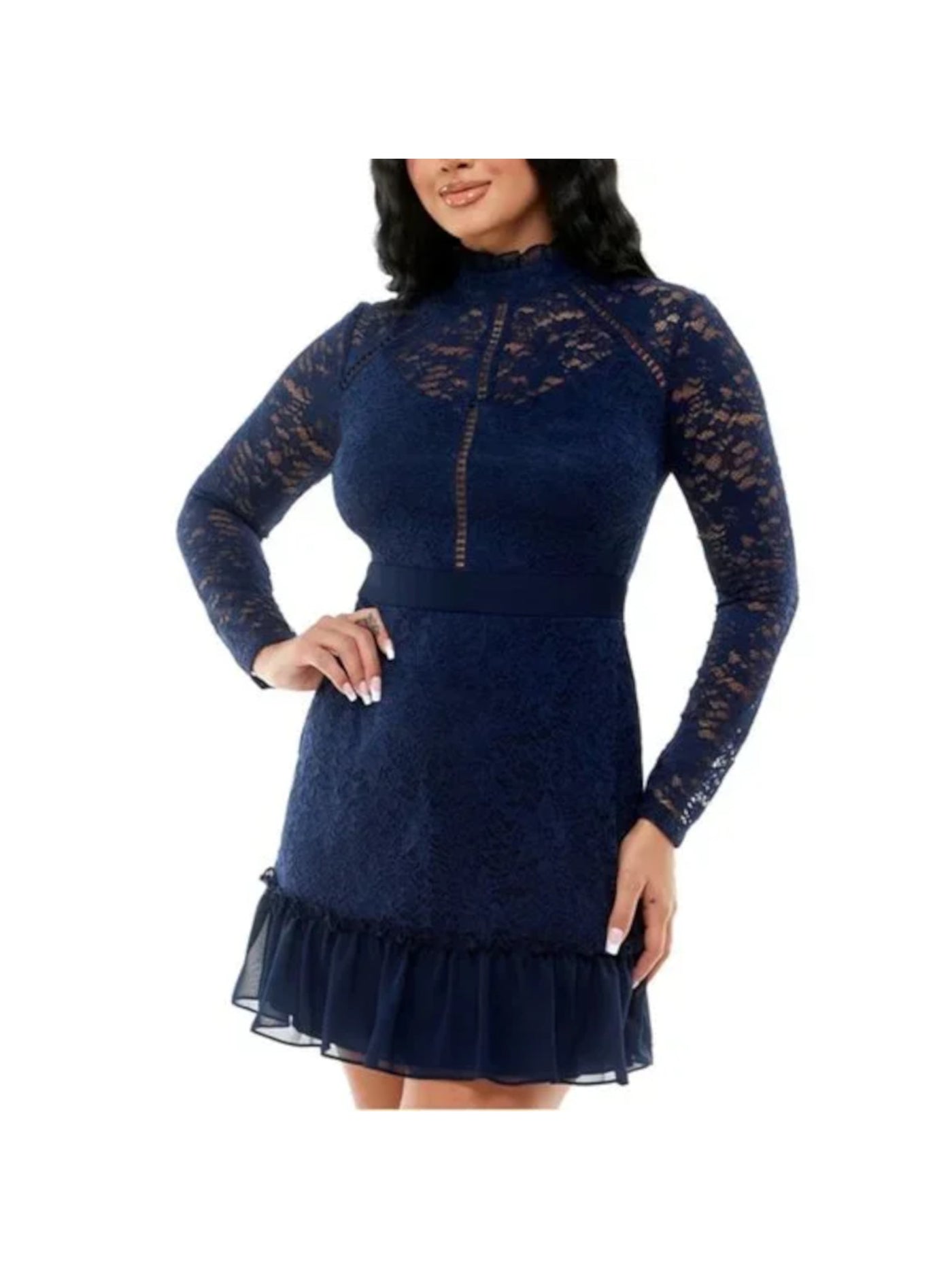 B DARLIN Womens Navy Stretch Lace Zippered Sheer Lined Floral Long Sleeve Mock Neck Mini Party Fit + Flare Dress Juniors 13\14