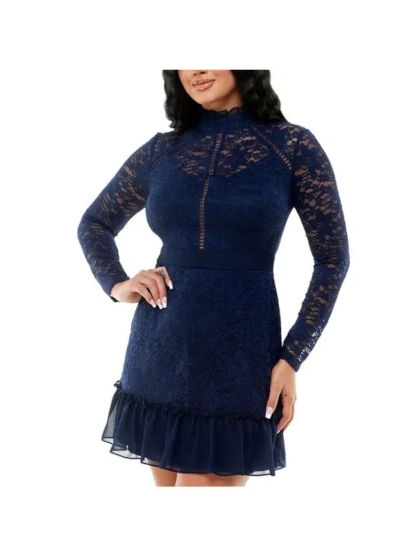 B DARLIN Womens Navy Stretch Lace Zippered Sheer Lined Floral Long Sleeve Mock Neck Short Party Fit + Flare Dress 17/18