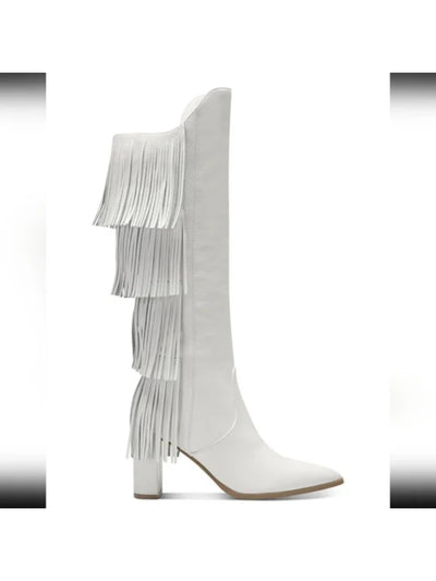 INC Womens White Fringed Yomesa Pointed Toe Block Heel Leather Dress Boots 10 M