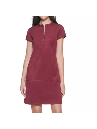 KENSIE Womens Burgundy Zippered Pocketed Short Sleeve Round Neck Above The Knee Party Shift Dress 6
