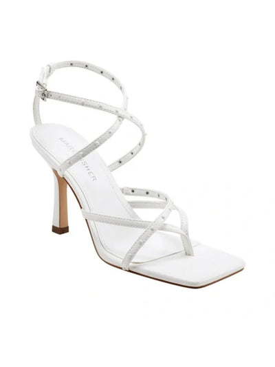 MARC FISHER Womens White Strappy Padded Adjustable Studded Bossi Square Toe Stiletto Buckle Heeled Thong Sandals 10 M