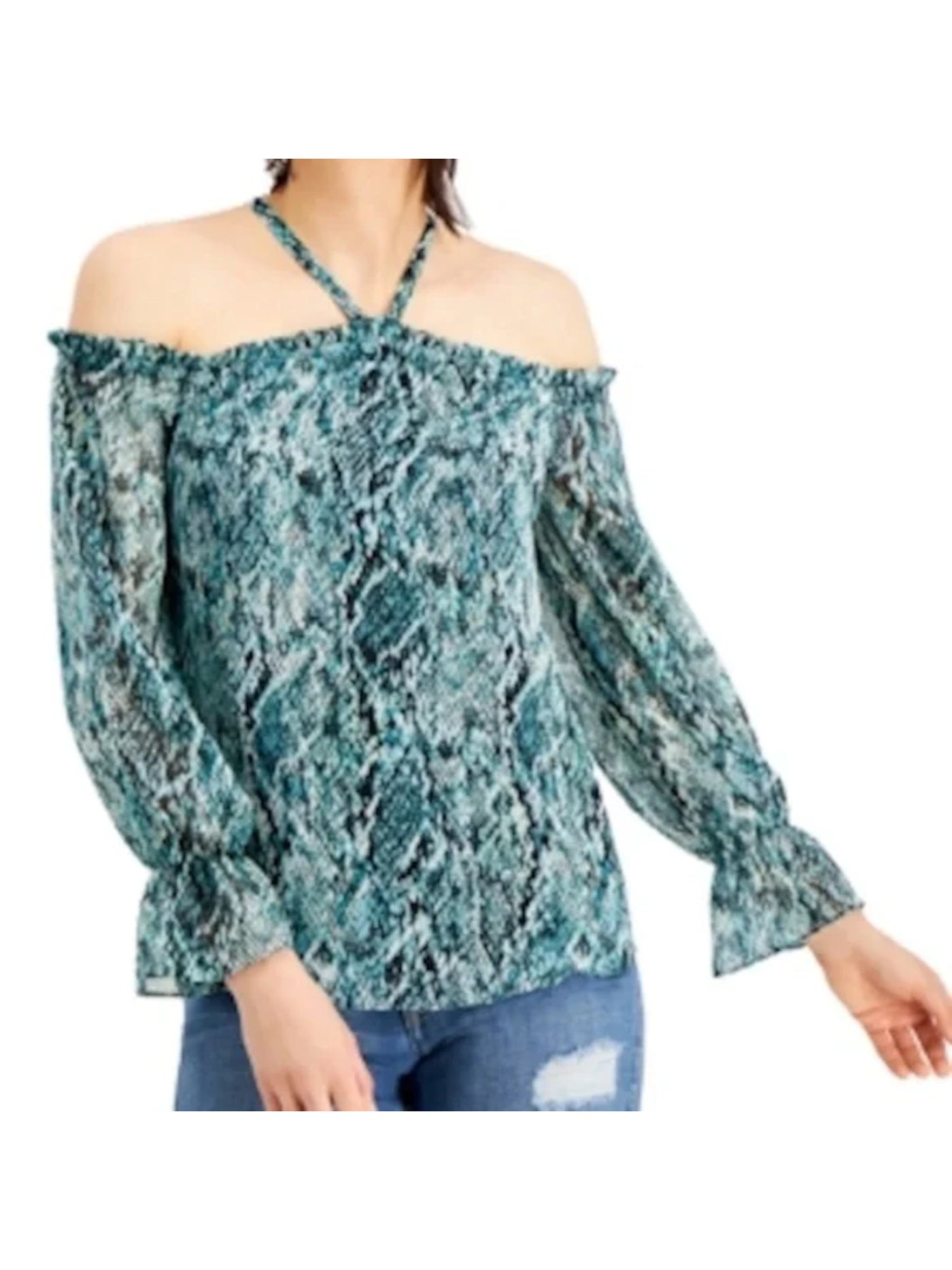 INC Womens Green Ruffled Halter Straps Keyhole Back Lined Long Sleeve Off Shoulder Peasant Top M