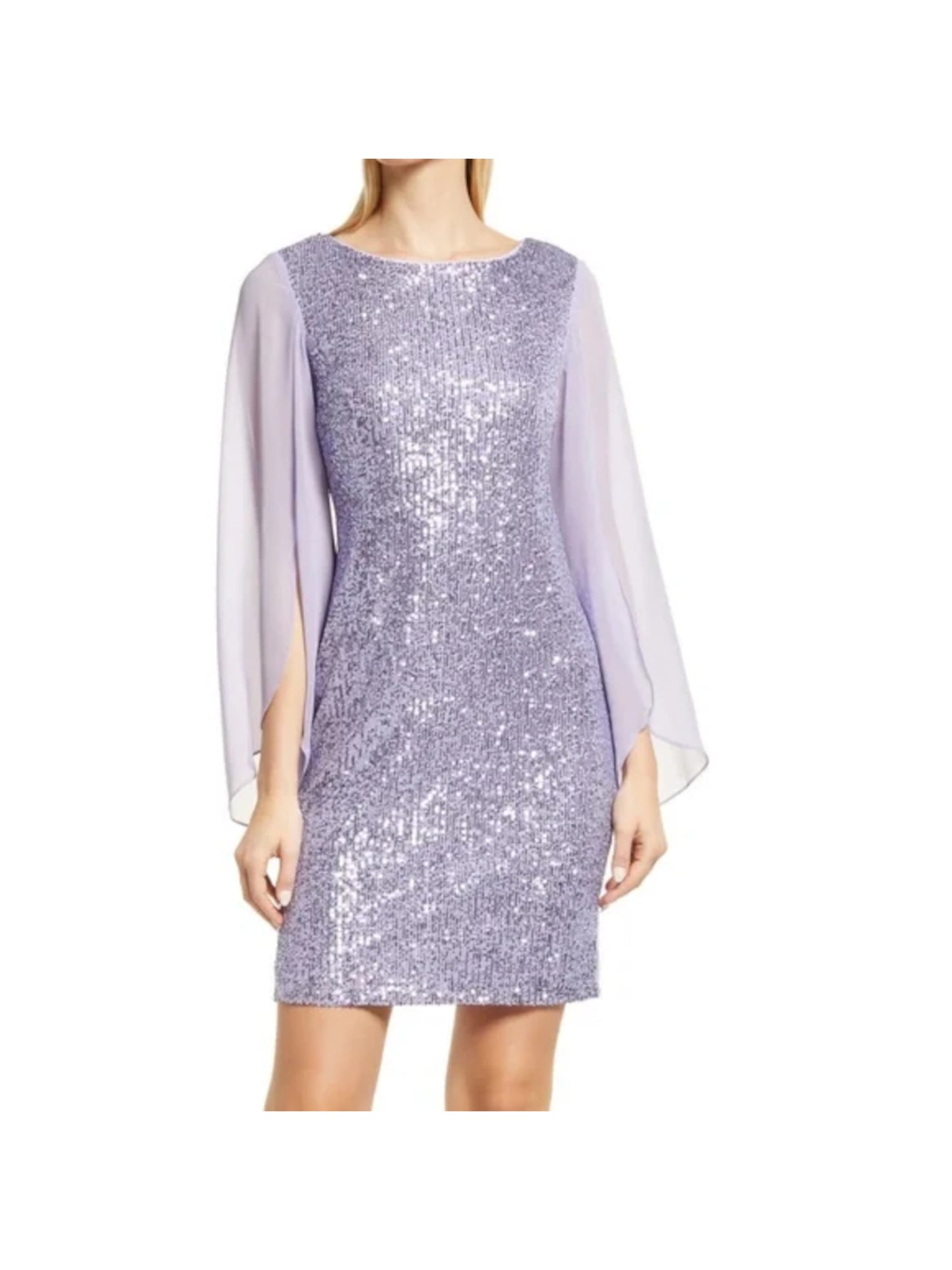 CONNECTED APPAREL Womens Purple Sequined Sheer Pullover Cape-sleeve Lined Round Neck Knee Length Party Sheath Dress Plus 22W