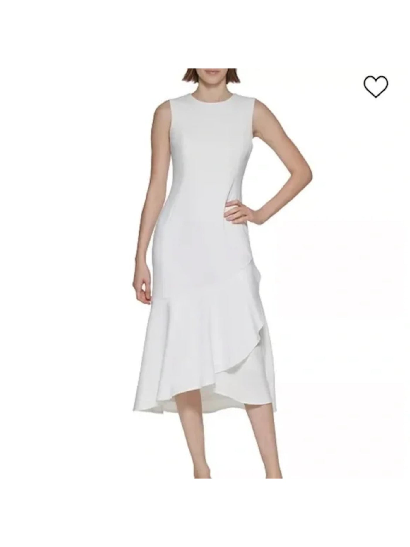 CALVIN KLEIN Womens White Zippered Ruffled Lined Asymmetrical Sleeveless Round Neck Midi Wear To Work A-Line Dress 4