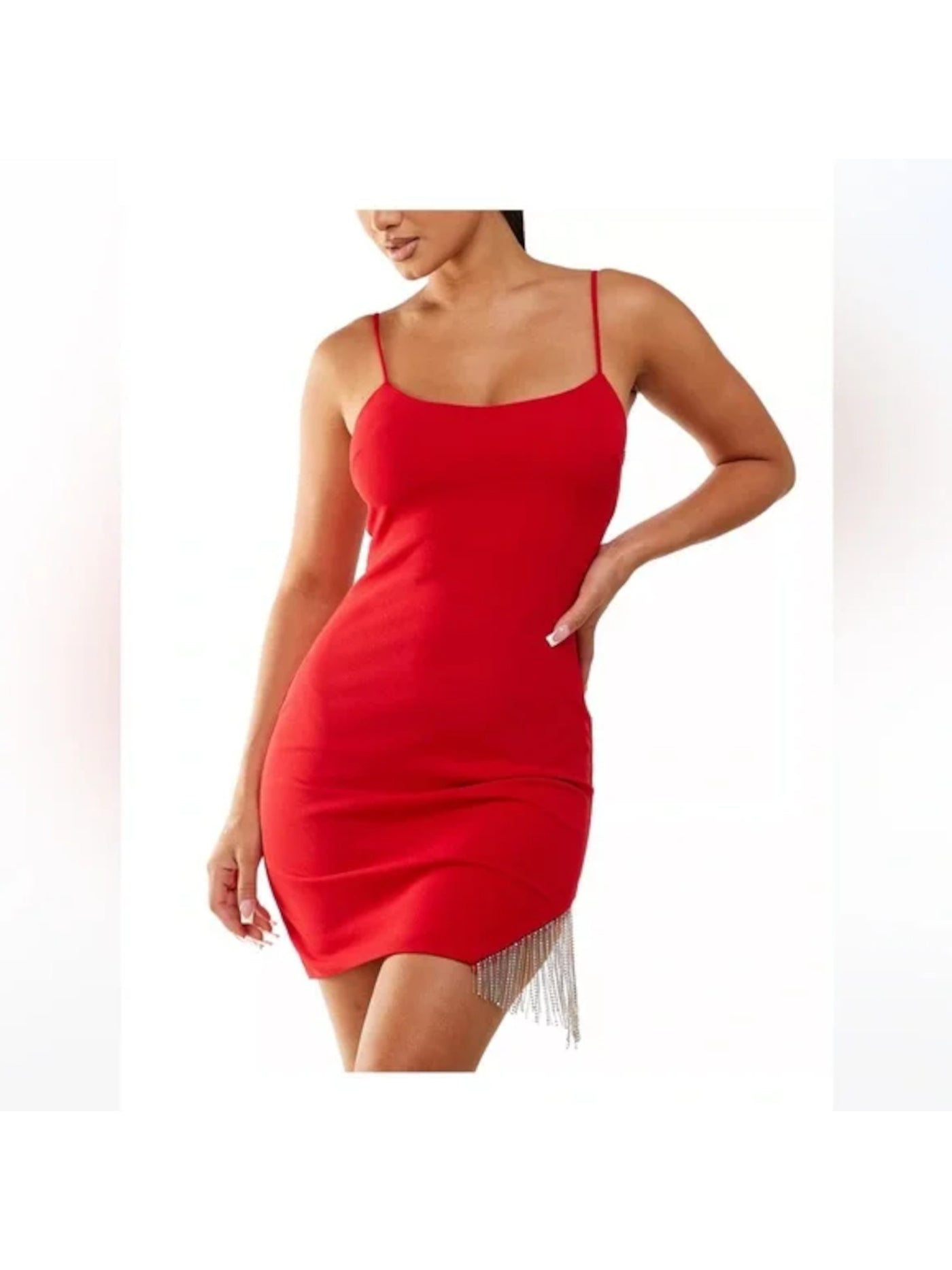 CITY STUDIO Womens Red Fringed Zippered Lined Slip-style Spaghetti Strap Square Neck Mini Party Body Con Dress Juniors 5