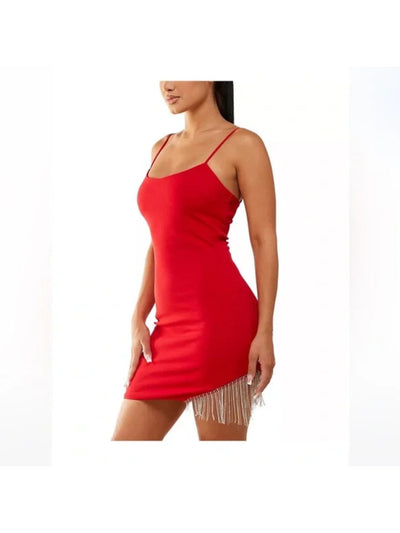 CITY STUDIO Womens Red Fringed Zippered Lined Slip-style Spaghetti Strap Square Neck Mini Party Body Con Dress Juniors 15