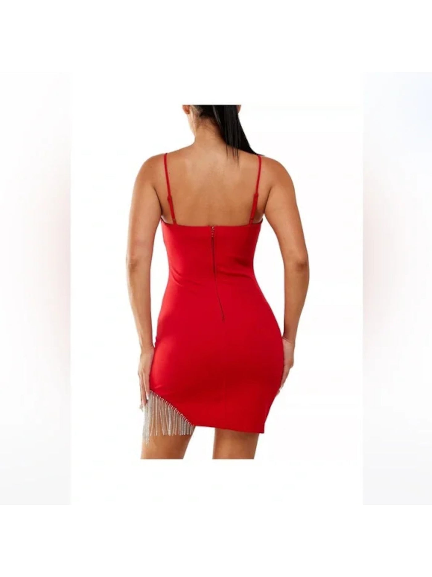 CITY STUDIO Womens Red Fringed Zippered Lined Slip-style Spaghetti Strap Square Neck Mini Party Body Con Dress Juniors 15