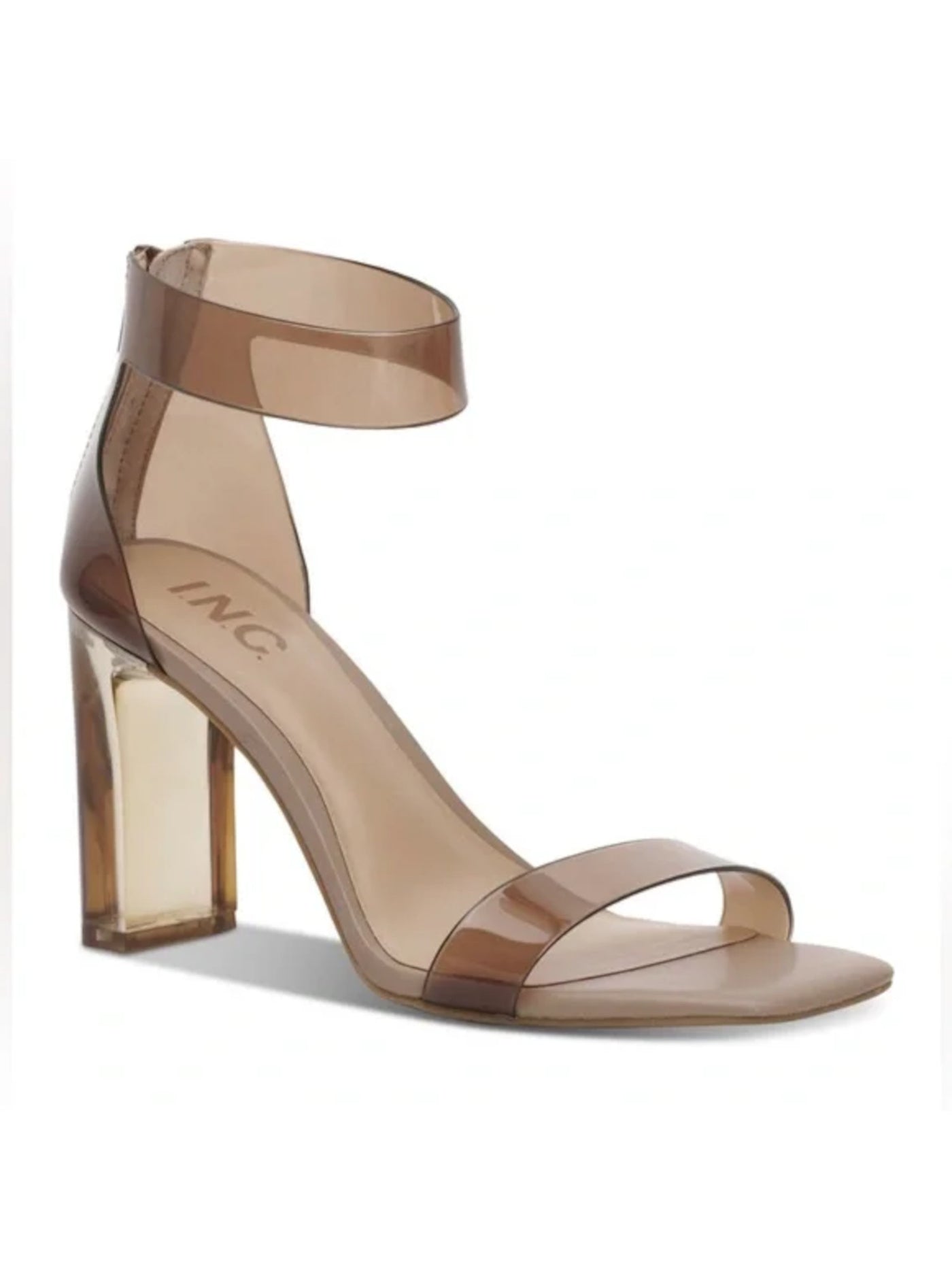INC Womens Brown Translucent Ankle Strap Padded Makenna Square Toe Block Heel Zip-Up Dress Heeled Sandal 5 M