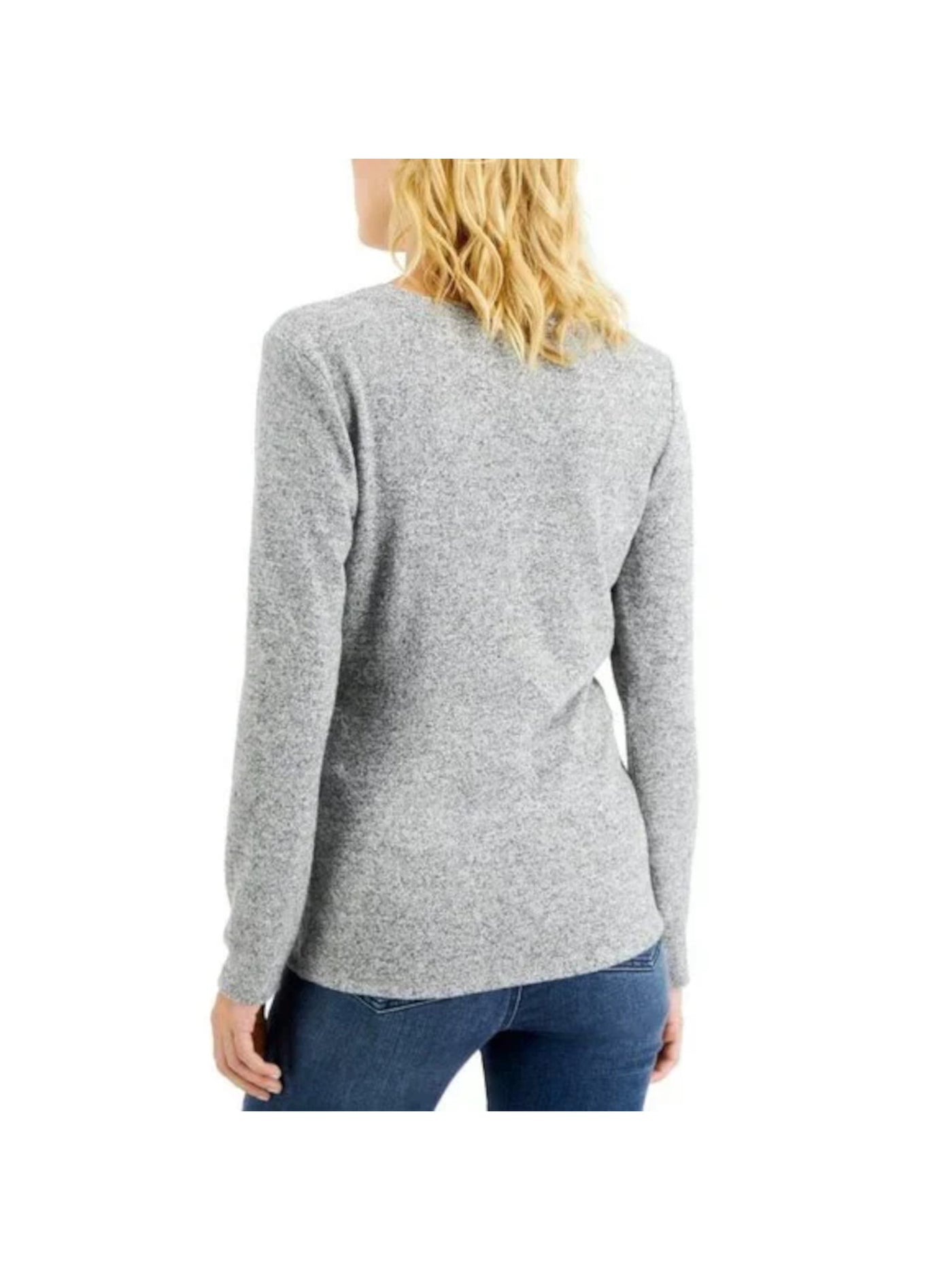 INC Womens Gray Metallic Side Ruched With Tie Long Sleeve Crew Neck Top L