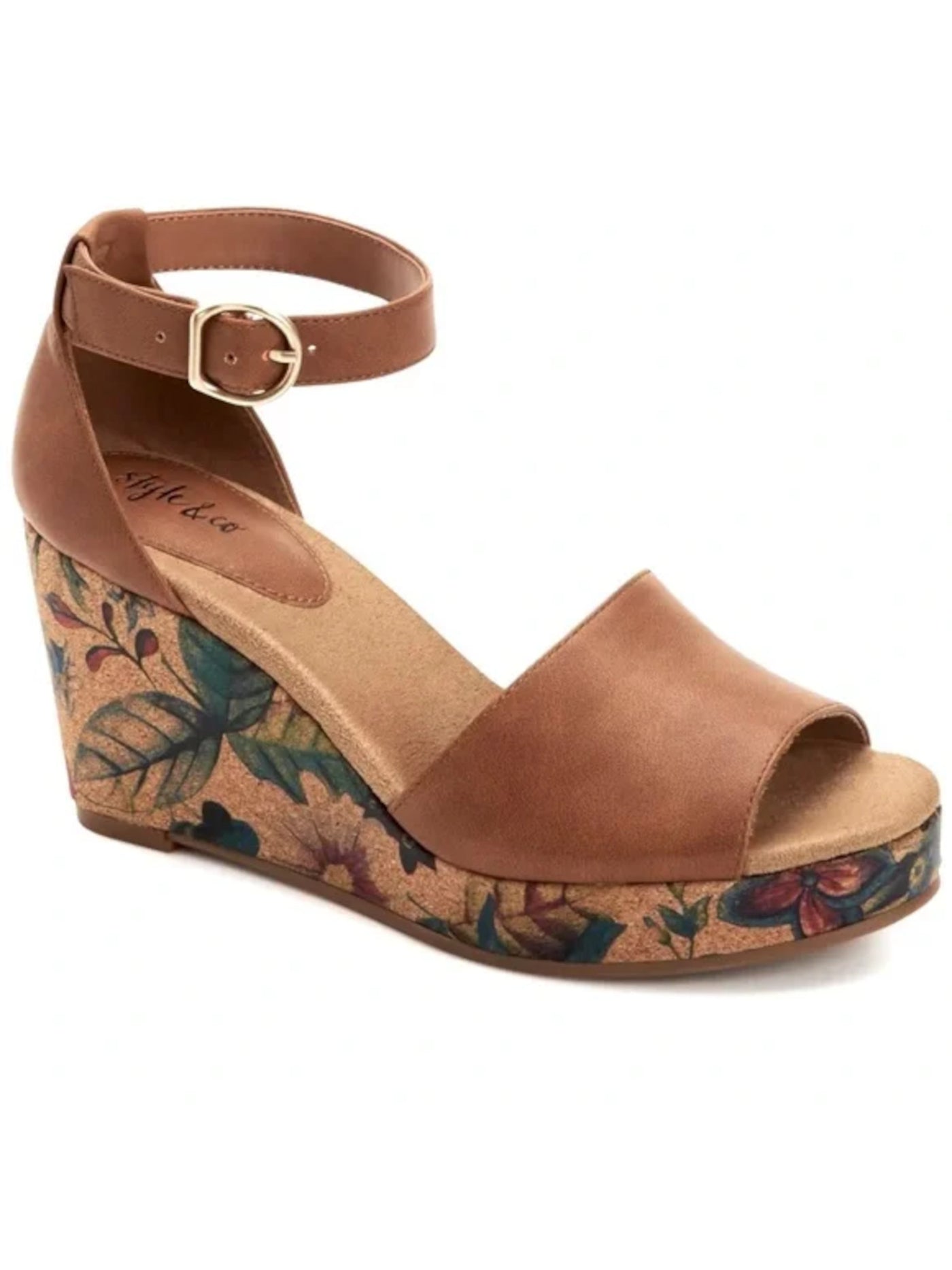 STYLE & COMPANY Womens Brown Floral Wedge Padded Cork 1" Platform Adjustable Strap Ankle Strap Seleeney Round Toe Wedge Buckle Heeled Sandal 12 M