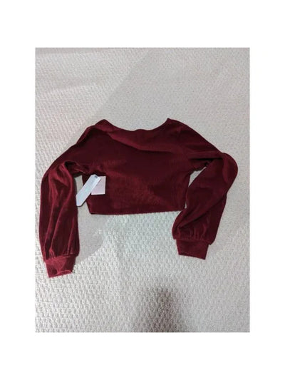 ALMOST FAMOUS Womens Maroon Ribbed Twist Front Sheer Balloon Sleeve V Neck Crop Top Sweater Juniors XL