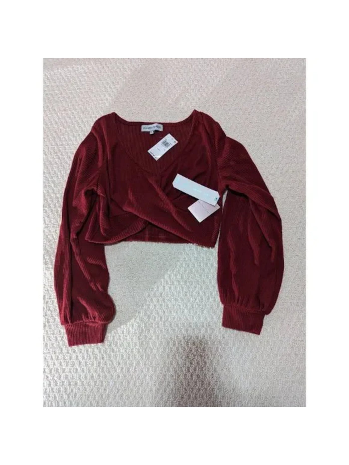 YOUNIQUE Womens Burgundy Ribbed Twist Front Sheer Balloon Sleeve V Neck Crop Top Sweater Juniors XL