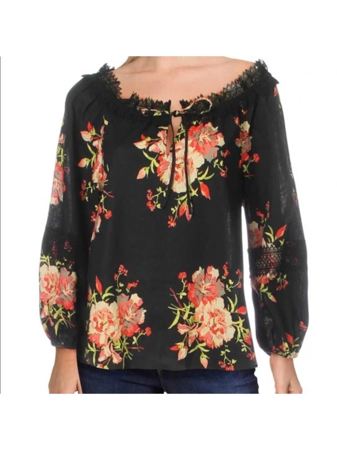 LE GALI Womens Black Textured Sheer Lace Trim Pullover Unlined Floral Long Sleeve Tie Neck Top XS