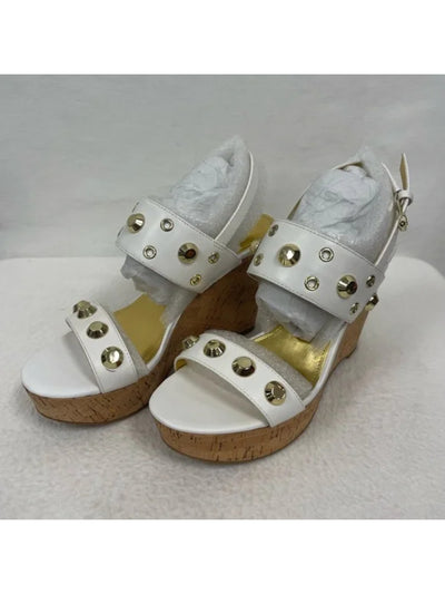 IVANKA TRUMP Womens White Gold-Tone Grommet And Studs Cork Lined 1 1/2" Platform Adjustable Strap Padded Gitty Round Toe Wedge Buckle Leather Sandals Shoes 7 M