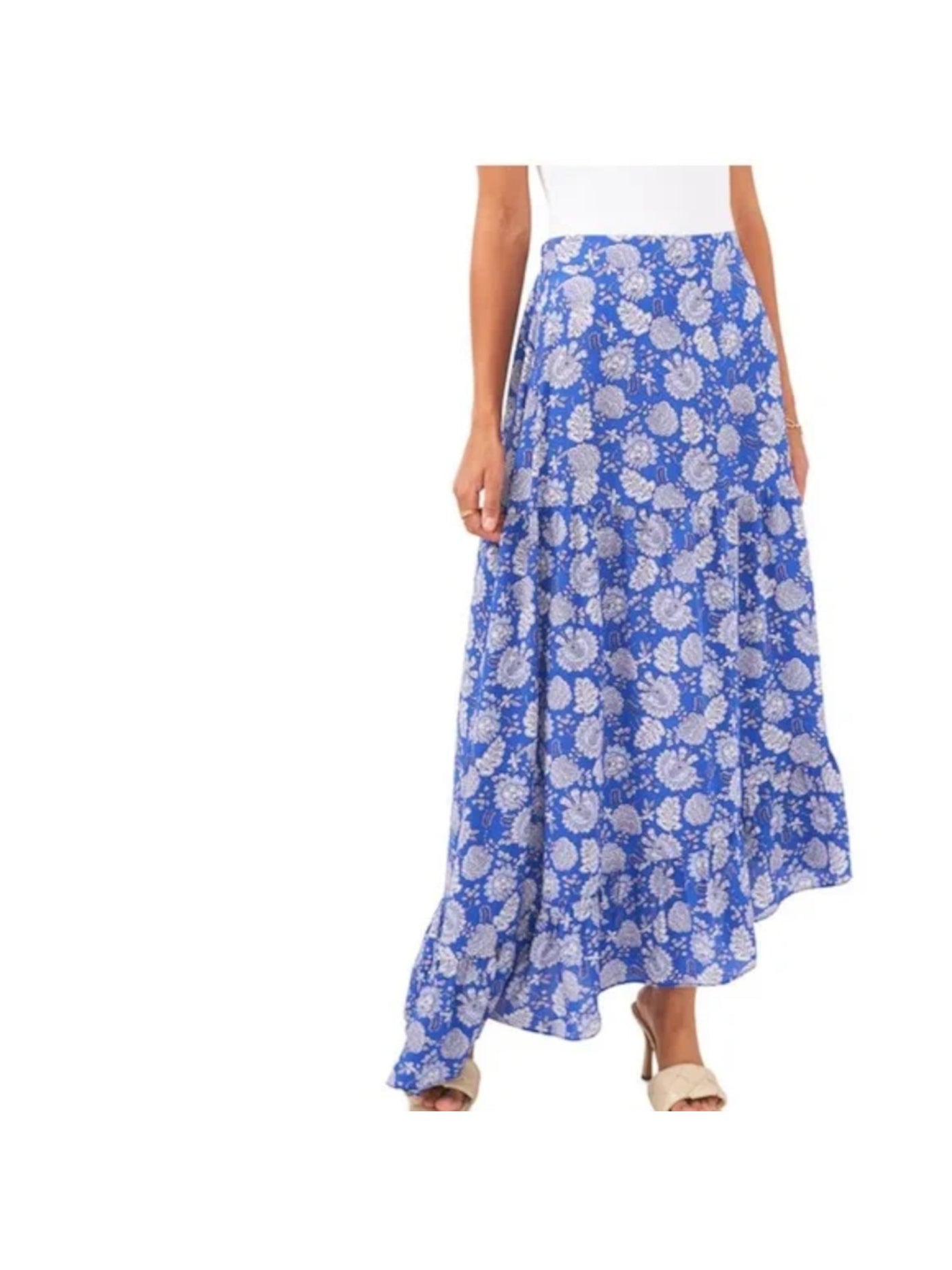 VINCE CAMUTO Womens Blue Unlined Asymmetrical-hem Pull On Printed Maxi Wear To Work A-Line Skirt XS