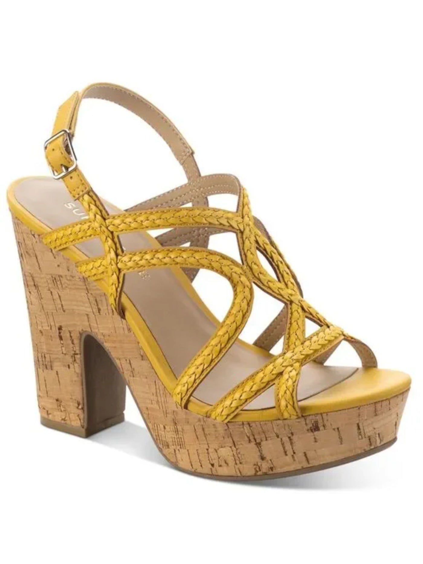 SUN STONE Womens Yellow 1" Platform Adjustable Cork-Like Braided Padded Nadiya Round Toe Block Heel Buckle Dress Sandals Shoes 8