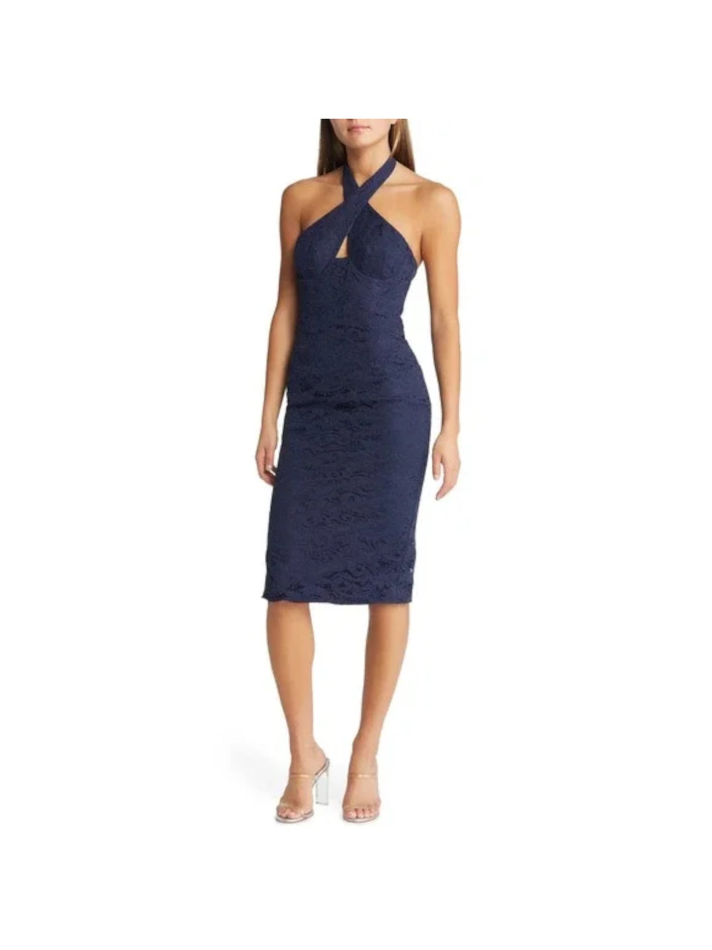 BARDOT Womens Navy Slitted Zippered Corset Boning Lined Crisscross Sleeveless Halter Below The Knee Cocktail Sheath Dress 2