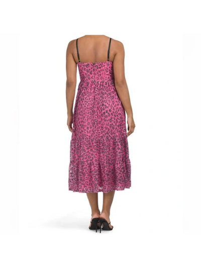 BETSEY JOHNSON Womens Pink Adjustable Lined Animal Print Sleeveless V Neck Tea-Length Shift Dress 12